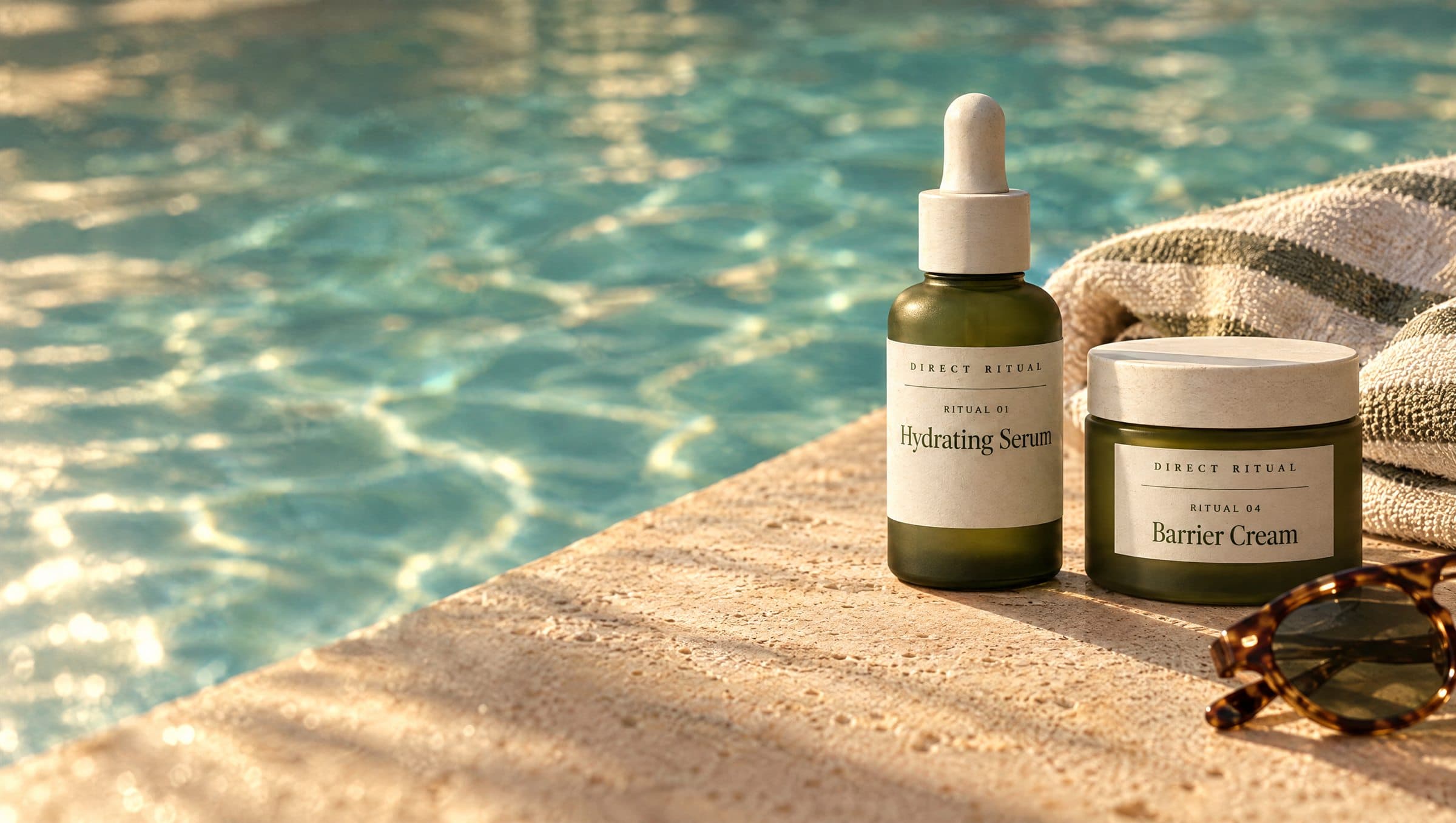 Direct Ritual Hydrating Serum and Barrier Cream on a sunlit pool ledge