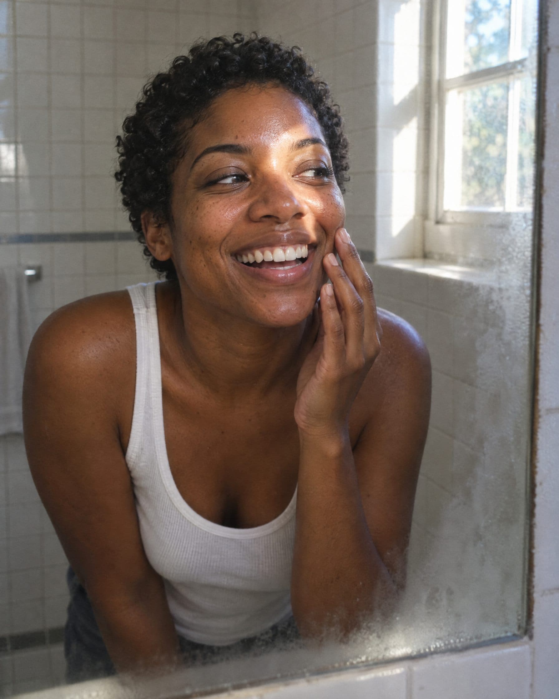 A woman with short curly hair laughing into a sunlit bathroom mirror