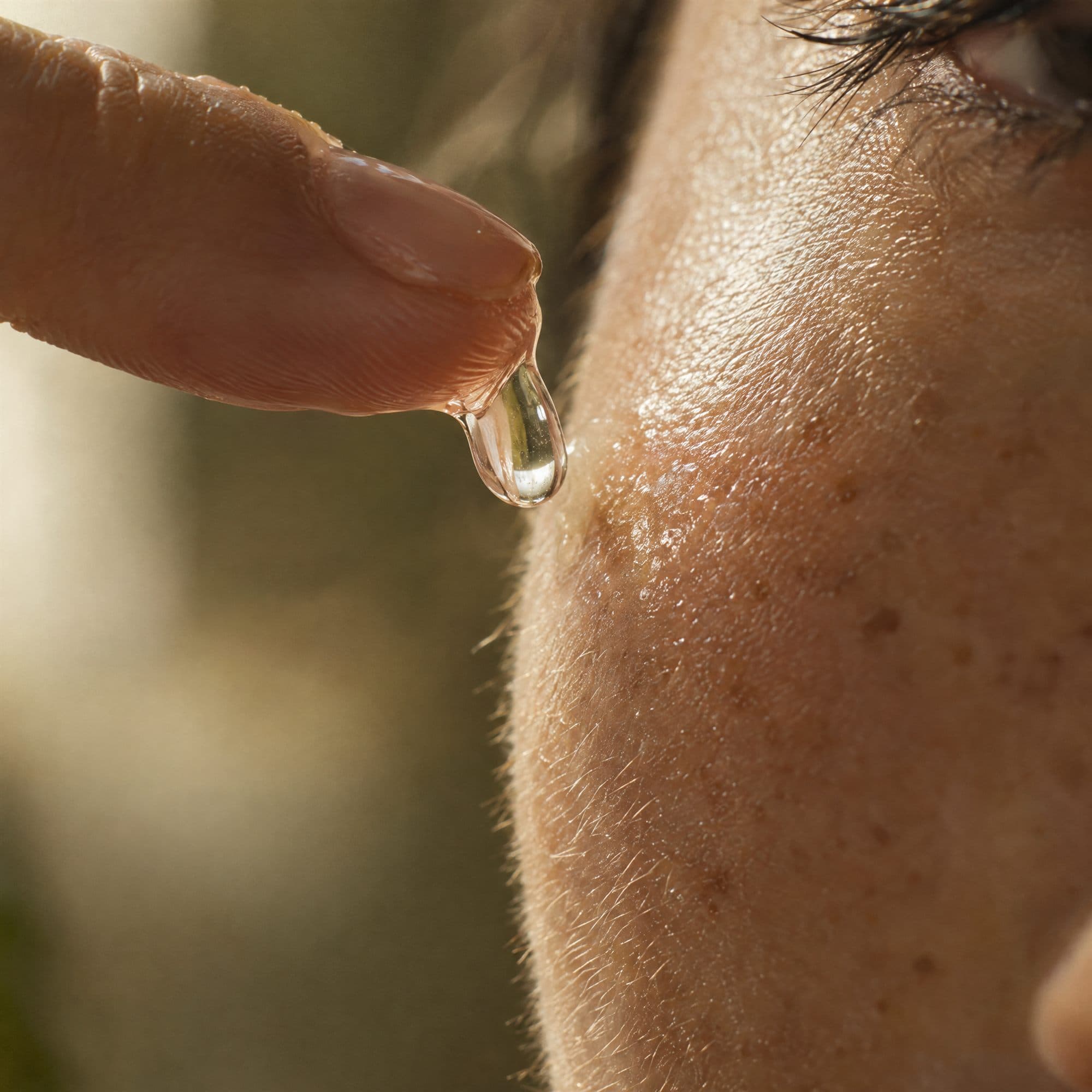 A clear drop of serum on a fingertip, close to the cheek